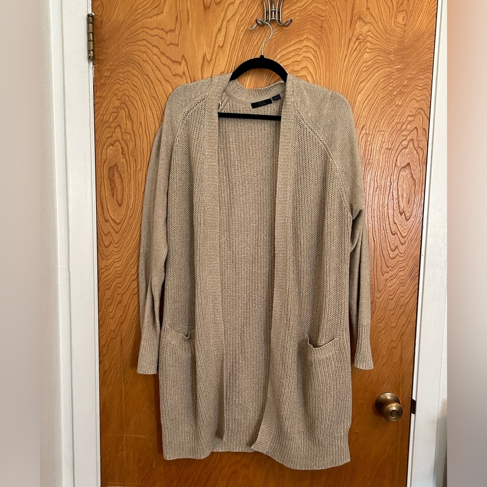 RDI Open-Front Cardigan, Oatmeal with Brown Elbow Patches, Size XL